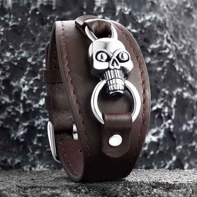 Meteorite Bracelet en cuir authentique en acier inoxydable Taille réglable Longueur 19-22cm