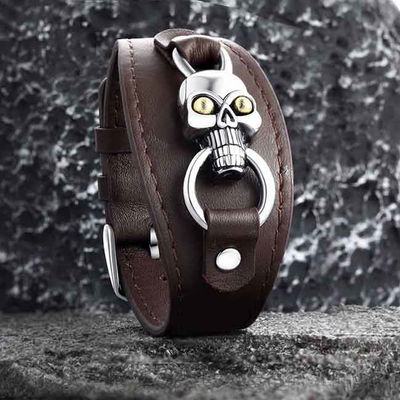 Meteorite Bracelet en cuir authentique en acier inoxydable Taille réglable Longueur 19-22cm
